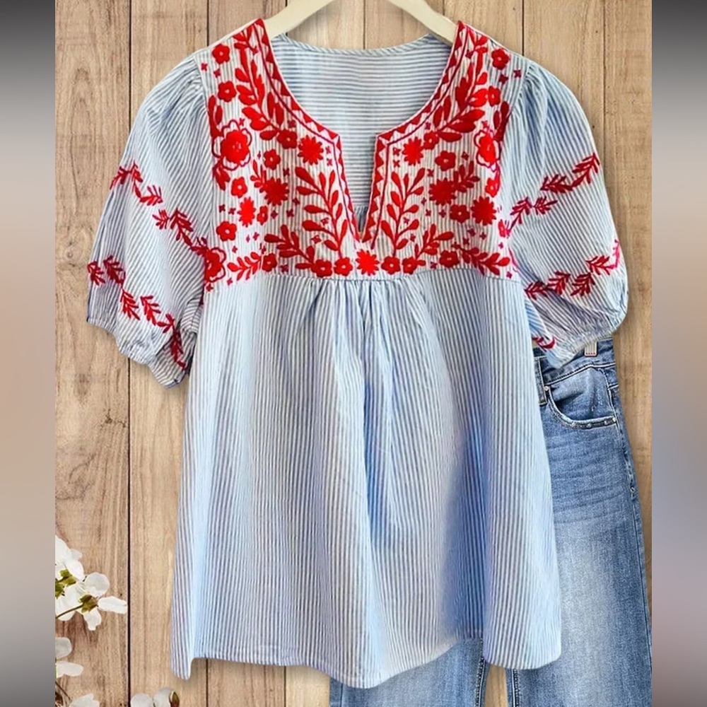 Sage Vell Striped & Floral Embroidery Pretty V Neck T-Shirt